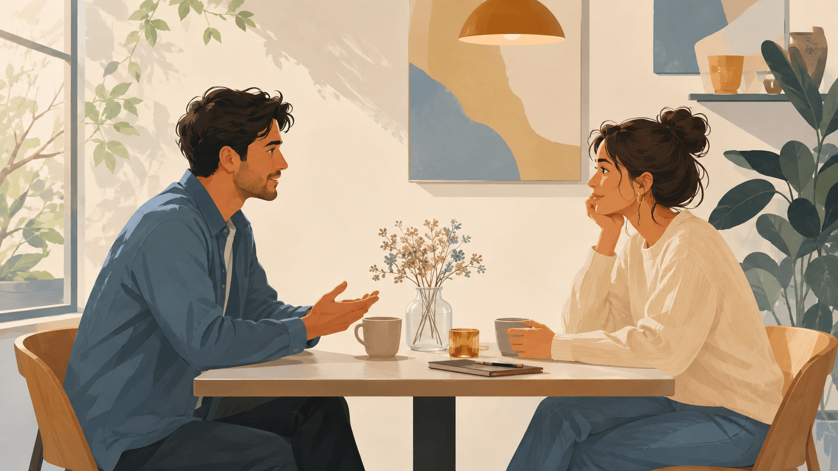 Two adults having a calm conversation about different political and religious views while dating