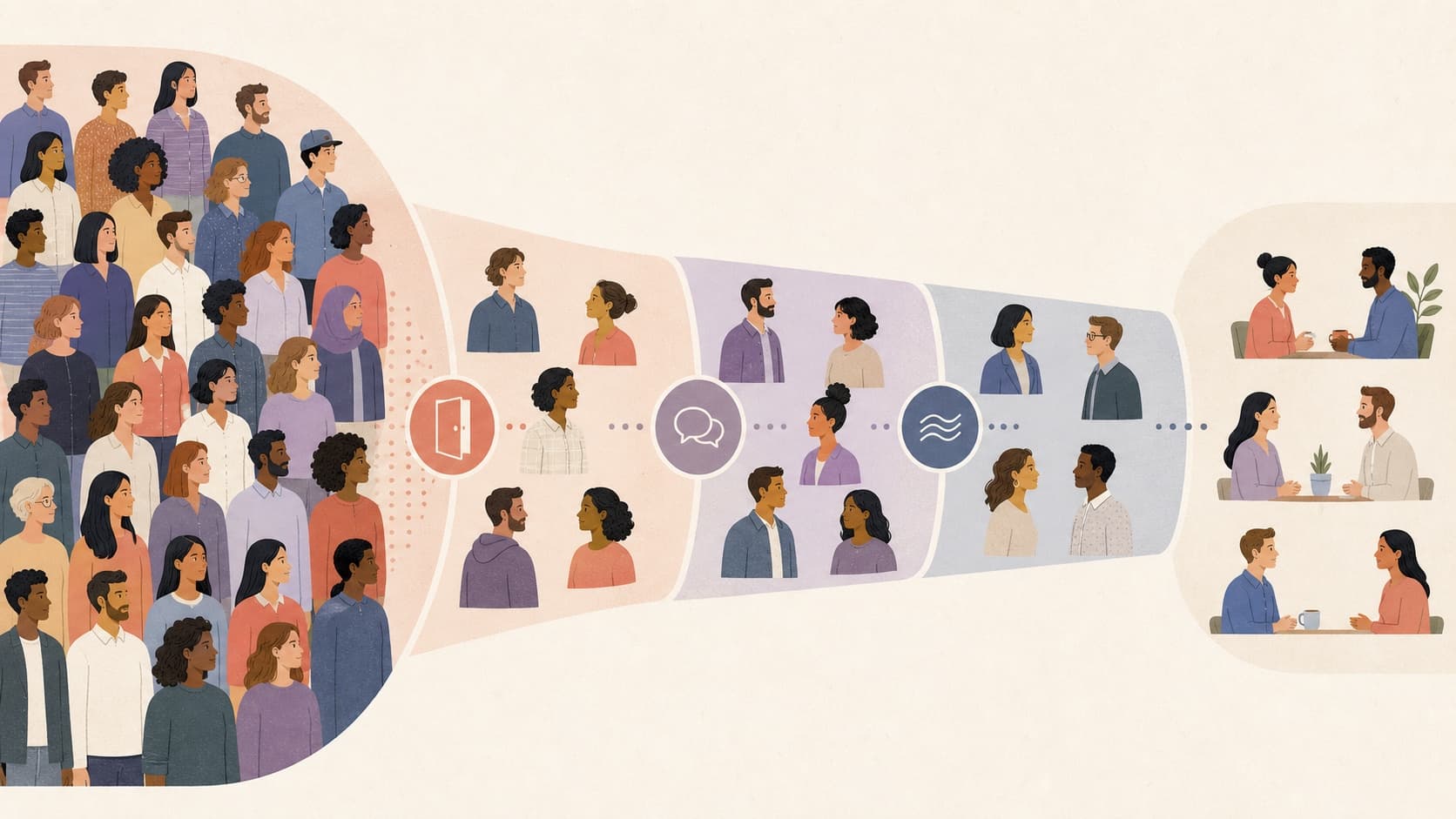 A broad demographic group narrowing through availability, mutual interest, and compatibility