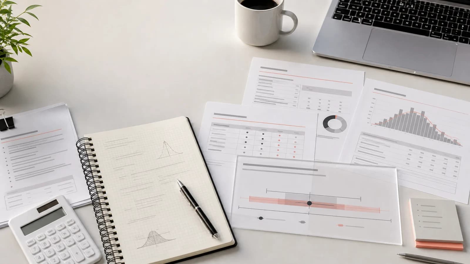 Research desk with demographic source sheets, calculation notes, and an uncertainty range chart