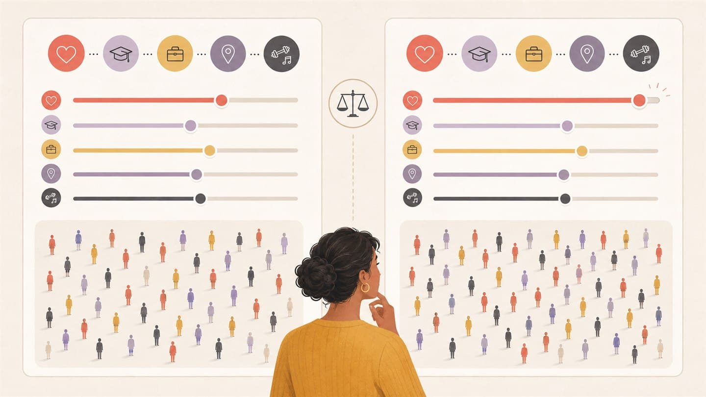 Side-by-side comparison where one dating preference changes while the other conditions stay fixed