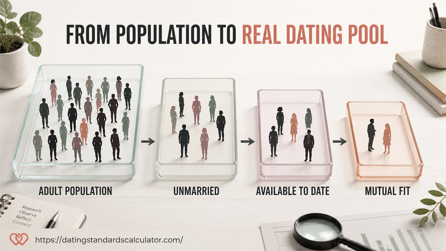 Four stages from adult population to unmarried people, dating availability and mutual fit