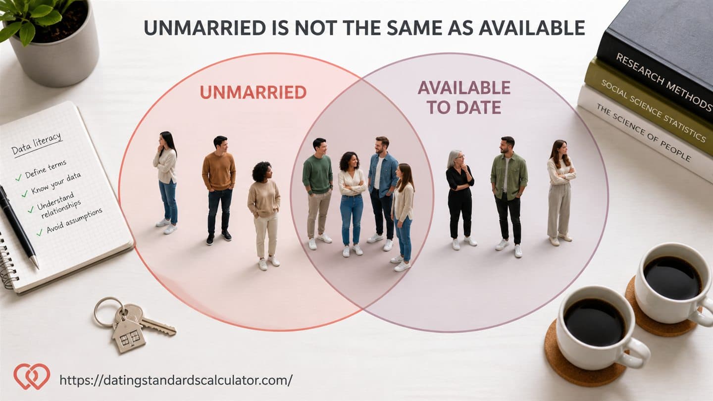 Overlapping groups showing that unmarried people and people available to date are not identical populations