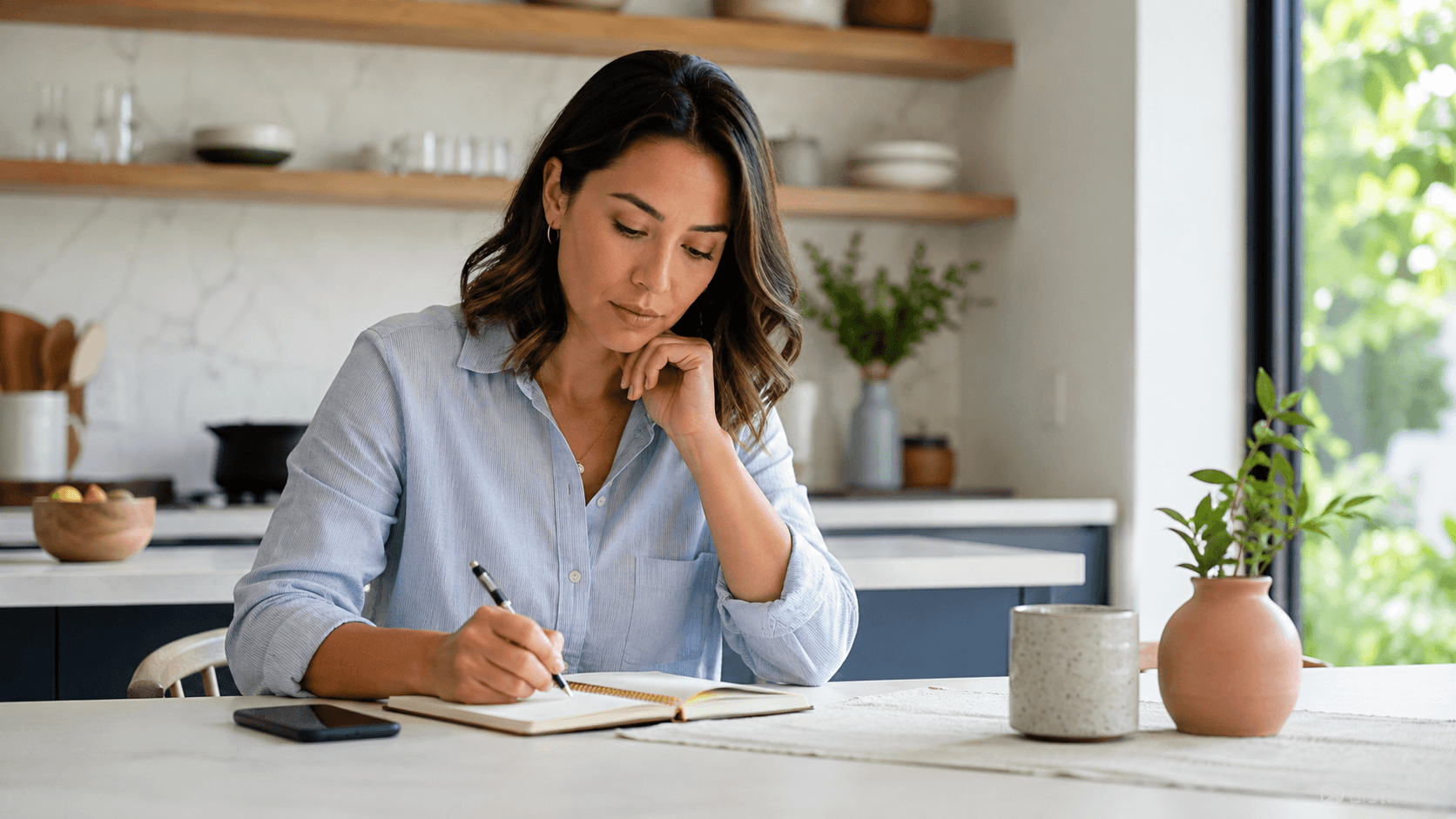 A woman reviewing age, height, education, income, and location preferences for a male dating pool