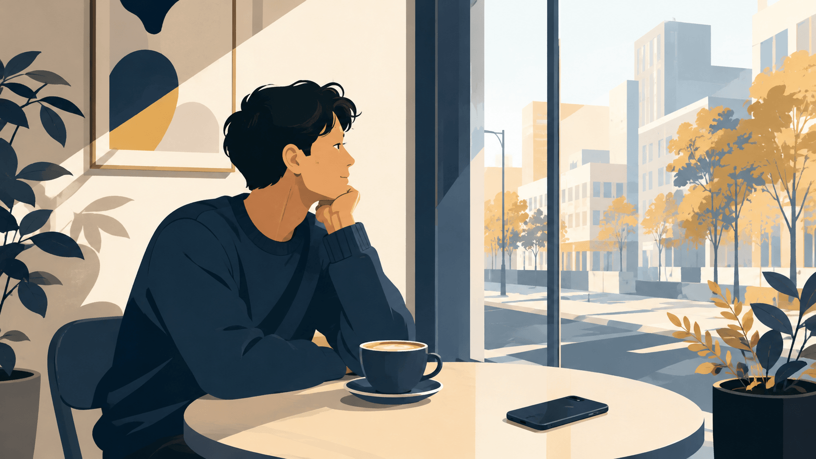 A person sitting alone at a café table, considering whether to start dating again after a breakup