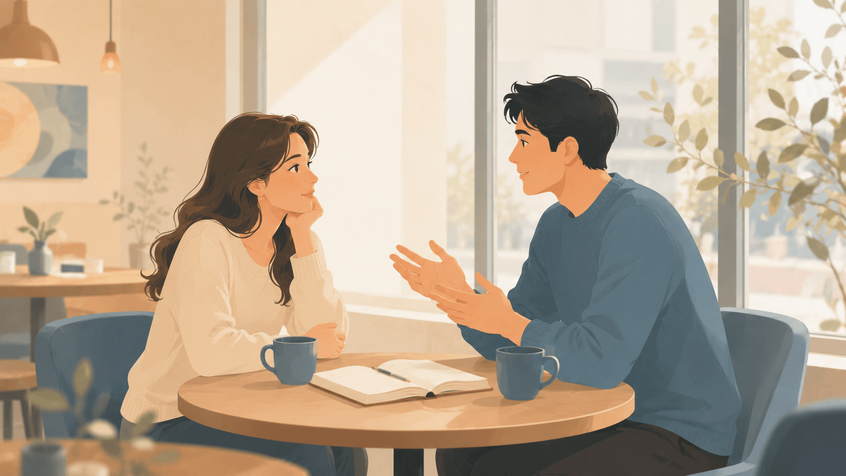 Two adults having a calm conversation about future family plans while dating