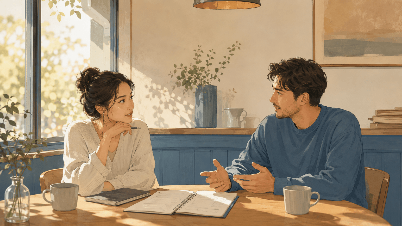 Two adults calmly discussing money and future plans while dating
