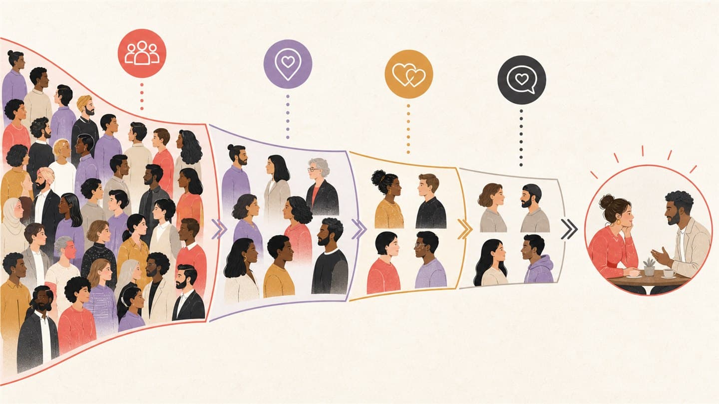 A broad population narrowing through measurable overlap, availability, mutual interest and real conversation