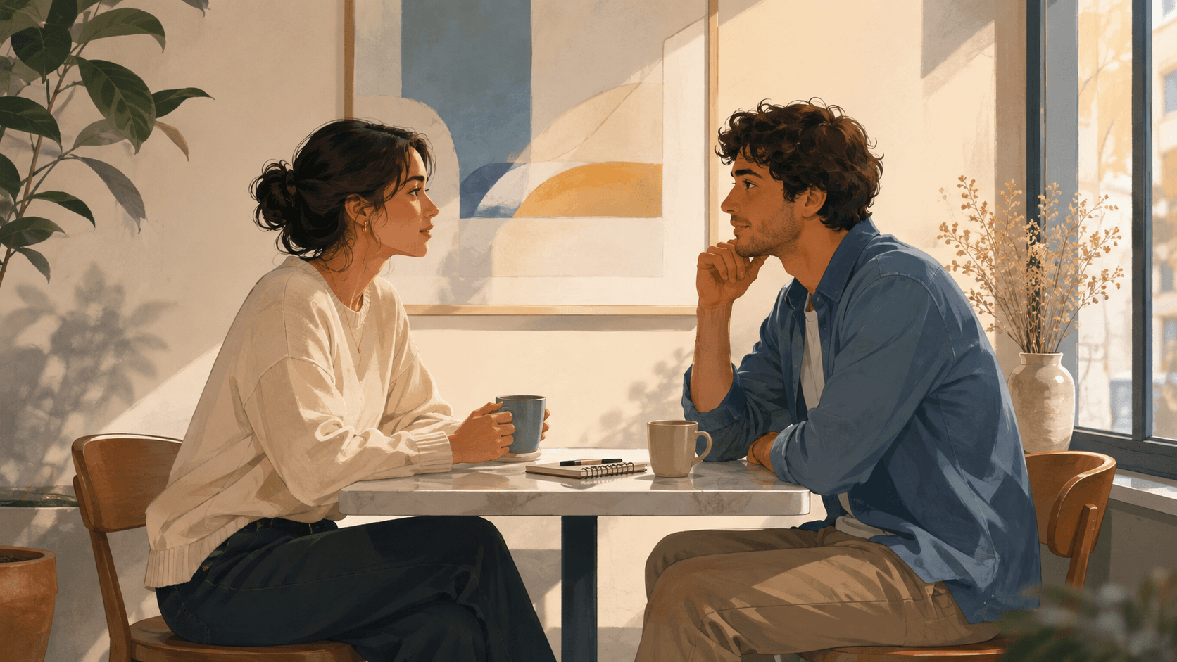 Two adults having a calm conversation about defining their relationship